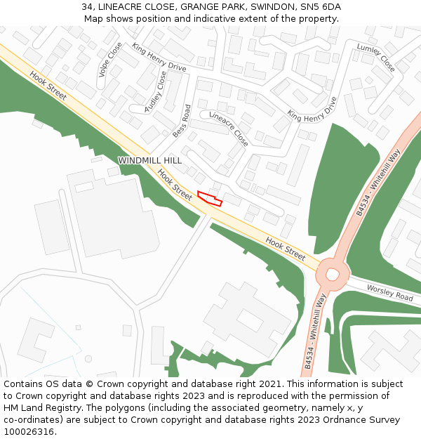 34, LINEACRE CLOSE, GRANGE PARK, SWINDON, SN5 6DA: Location map and indicative extent of plot