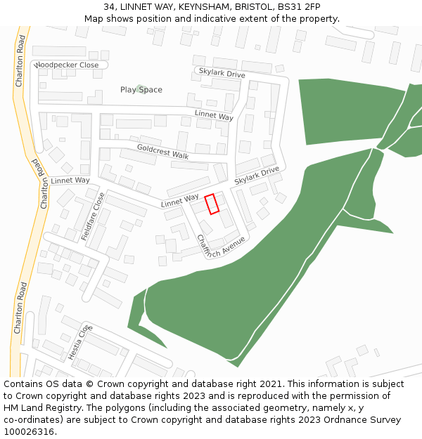 34, LINNET WAY, KEYNSHAM, BRISTOL, BS31 2FP: Location map and indicative extent of plot