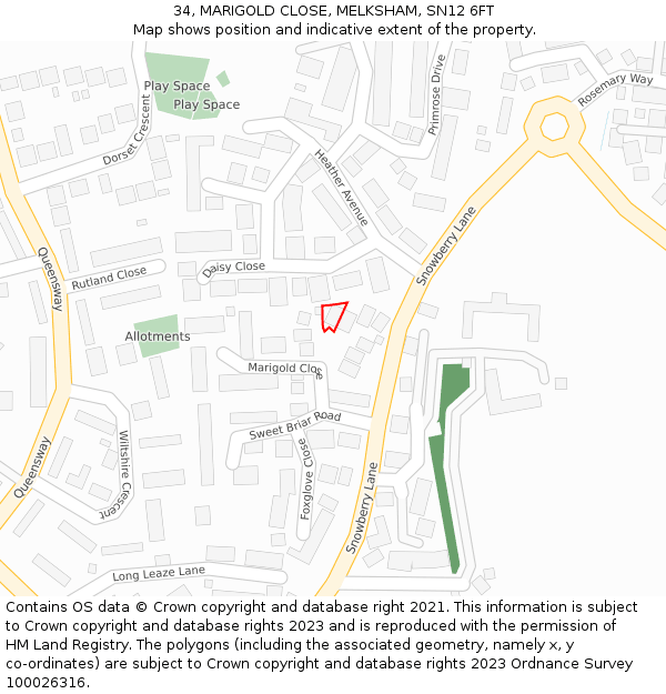 34, MARIGOLD CLOSE, MELKSHAM, SN12 6FT: Location map and indicative extent of plot