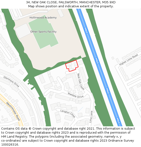 34, NEW OAK CLOSE, FAILSWORTH, MANCHESTER, M35 9XD: Location map and indicative extent of plot