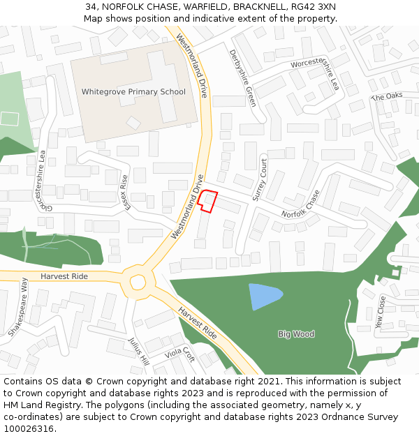 34, NORFOLK CHASE, WARFIELD, BRACKNELL, RG42 3XN: Location map and indicative extent of plot