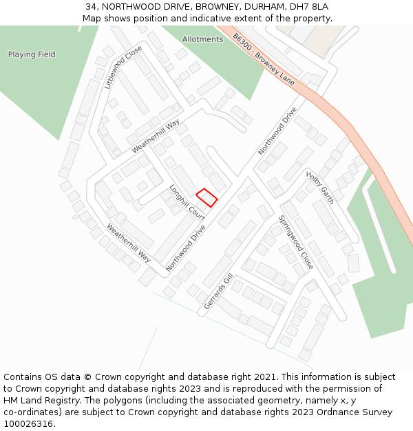 34, NORTHWOOD DRIVE, BROWNEY, DURHAM, DH7 8LA: Location map and indicative extent of plot