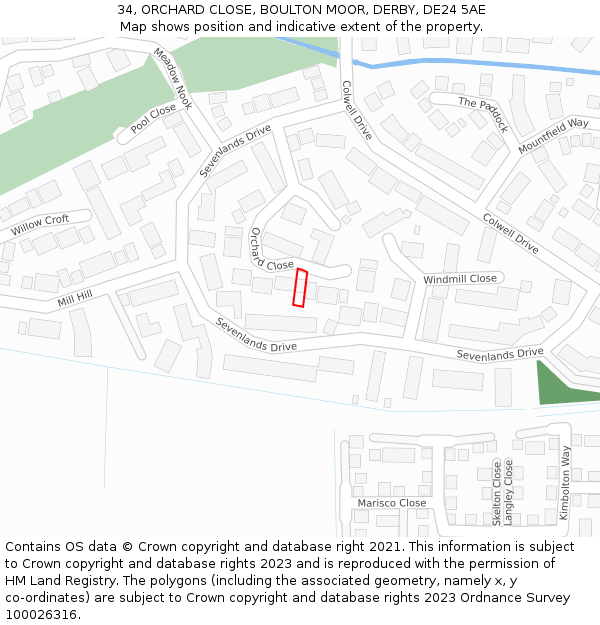 34, ORCHARD CLOSE, BOULTON MOOR, DERBY, DE24 5AE: Location map and indicative extent of plot