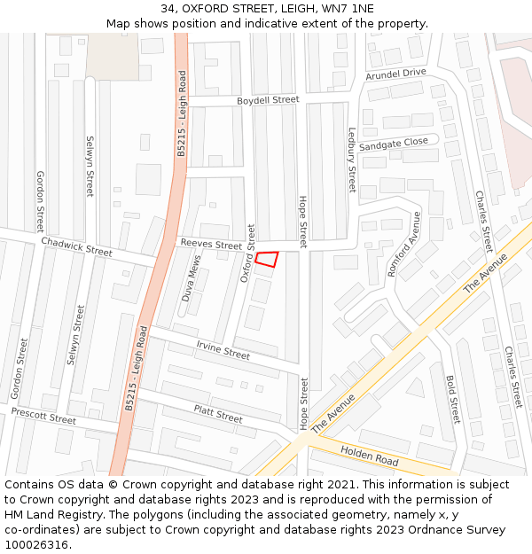 34, OXFORD STREET, LEIGH, WN7 1NE: Location map and indicative extent of plot