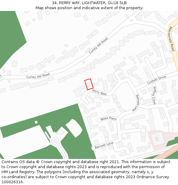 34, PERRY WAY, LIGHTWATER, GU18 5LB: Location map and indicative extent of plot