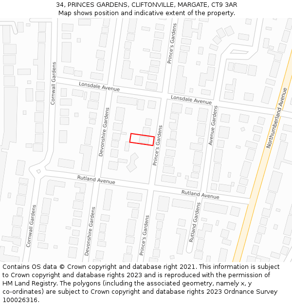 34, PRINCES GARDENS, CLIFTONVILLE, MARGATE, CT9 3AR: Location map and indicative extent of plot