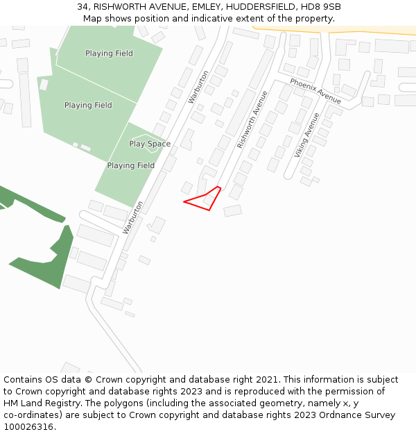 34, RISHWORTH AVENUE, EMLEY, HUDDERSFIELD, HD8 9SB: Location map and indicative extent of plot