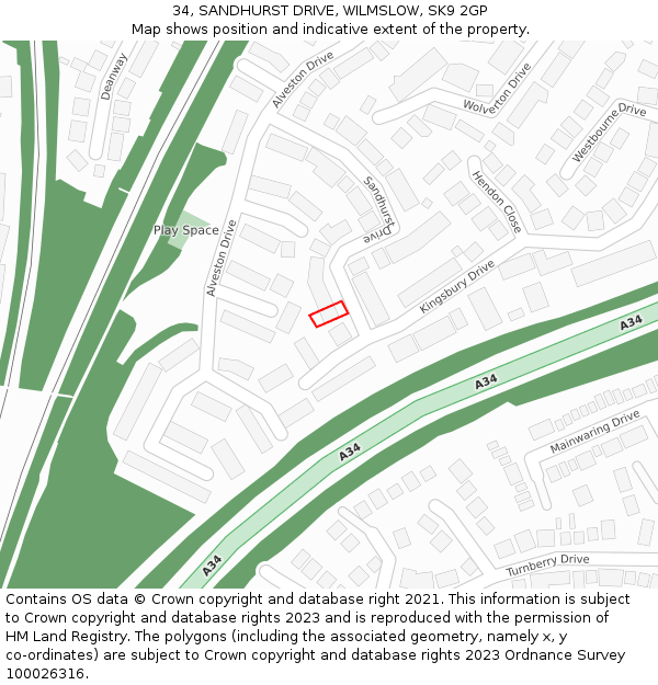 34, SANDHURST DRIVE, WILMSLOW, SK9 2GP: Location map and indicative extent of plot