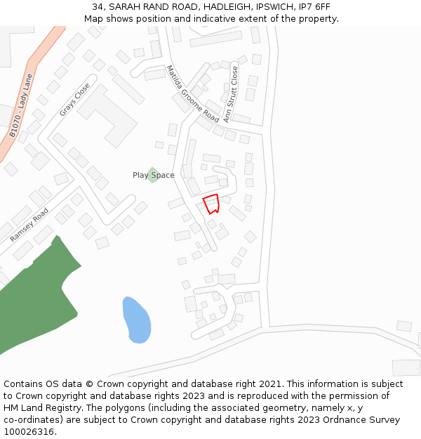 34, SARAH RAND ROAD, HADLEIGH, IPSWICH, IP7 6FF: Location map and indicative extent of plot