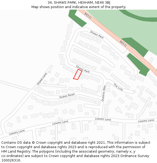 34, SHAWS PARK, HEXHAM, NE46 3BJ: Location map and indicative extent of plot