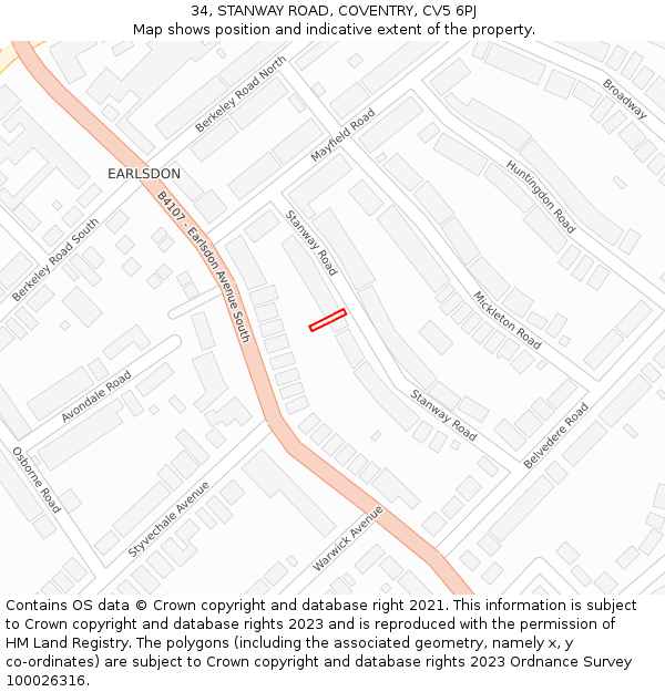 34, STANWAY ROAD, COVENTRY, CV5 6PJ: Location map and indicative extent of plot