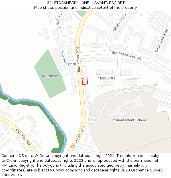 34, STOCKHEATH LANE, HAVANT, PO9 3BT: Location map and indicative extent of plot