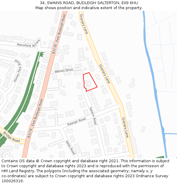 34, SWAINS ROAD, BUDLEIGH SALTERTON, EX9 6HU: Location map and indicative extent of plot