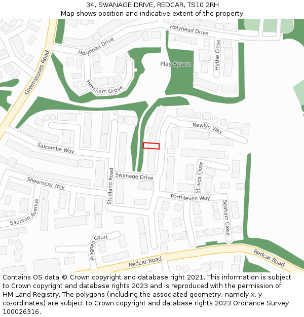 34, SWANAGE DRIVE, REDCAR, TS10 2RH: Location map and indicative extent of plot