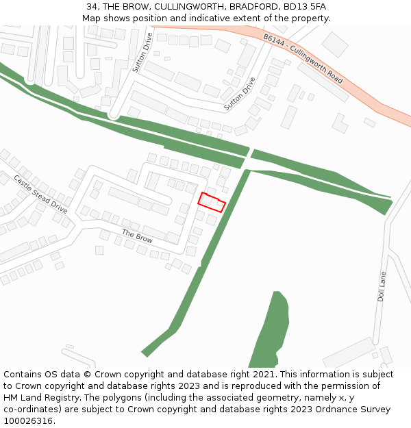 34, THE BROW, CULLINGWORTH, BRADFORD, BD13 5FA: Location map and indicative extent of plot