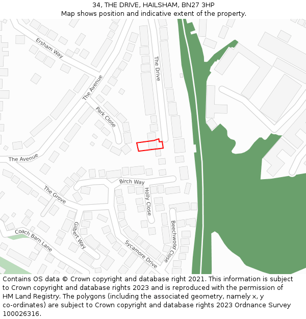 34, THE DRIVE, HAILSHAM, BN27 3HP: Location map and indicative extent of plot