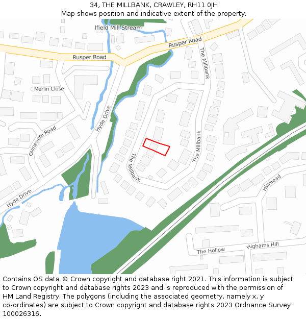 34, THE MILLBANK, CRAWLEY, RH11 0JH: Location map and indicative extent of plot