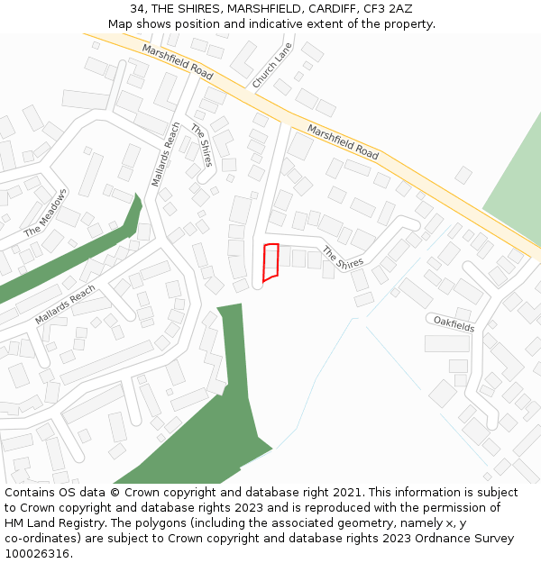 34, THE SHIRES, MARSHFIELD, CARDIFF, CF3 2AZ: Location map and indicative extent of plot