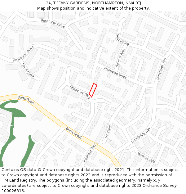 34, TIFFANY GARDENS, NORTHAMPTON, NN4 0TJ: Location map and indicative extent of plot