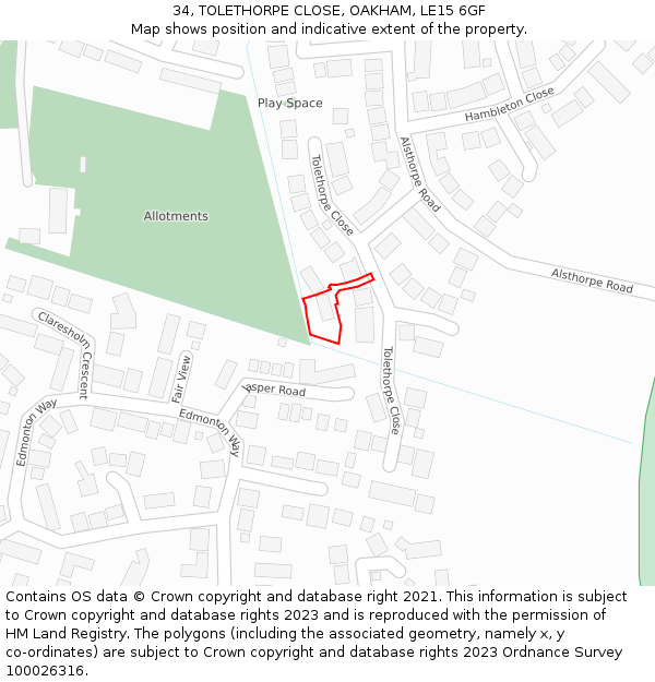 34, TOLETHORPE CLOSE, OAKHAM, LE15 6GF: Location map and indicative extent of plot