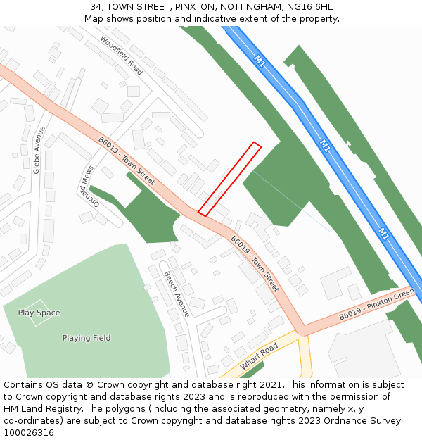 34, TOWN STREET, PINXTON, NOTTINGHAM, NG16 6HL: Location map and indicative extent of plot