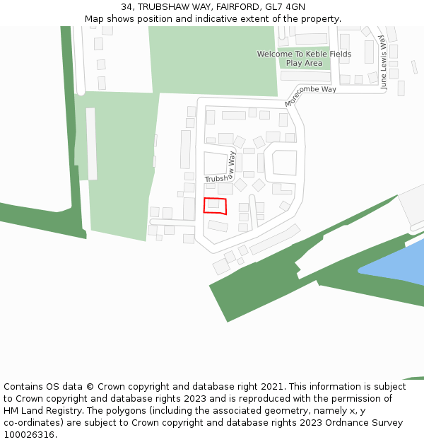 34, TRUBSHAW WAY, FAIRFORD, GL7 4GN: Location map and indicative extent of plot