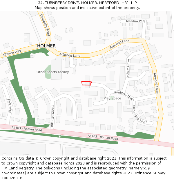 34, TURNBERRY DRIVE, HOLMER, HEREFORD, HR1 1LP: Location map and indicative extent of plot