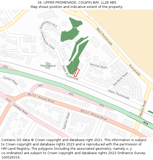 34, UPPER PROMENADE, COLWYN BAY, LL28 4BS: Location map and indicative extent of plot