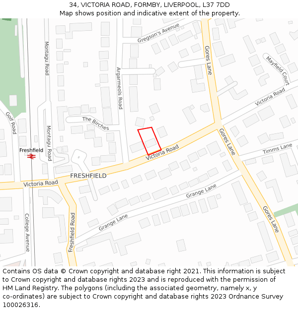 34, VICTORIA ROAD, FORMBY, LIVERPOOL, L37 7DD: Location map and indicative extent of plot