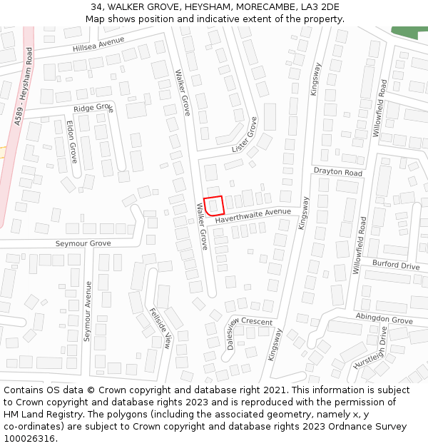 34, WALKER GROVE, HEYSHAM, MORECAMBE, LA3 2DE: Location map and indicative extent of plot