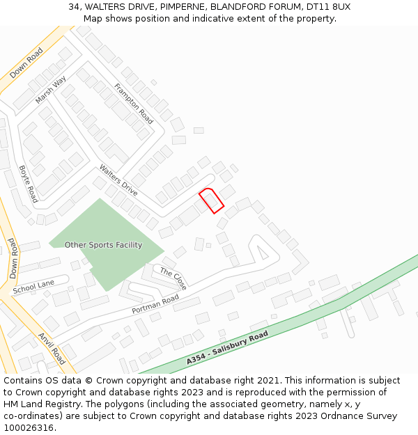 34, WALTERS DRIVE, PIMPERNE, BLANDFORD FORUM, DT11 8UX: Location map and indicative extent of plot