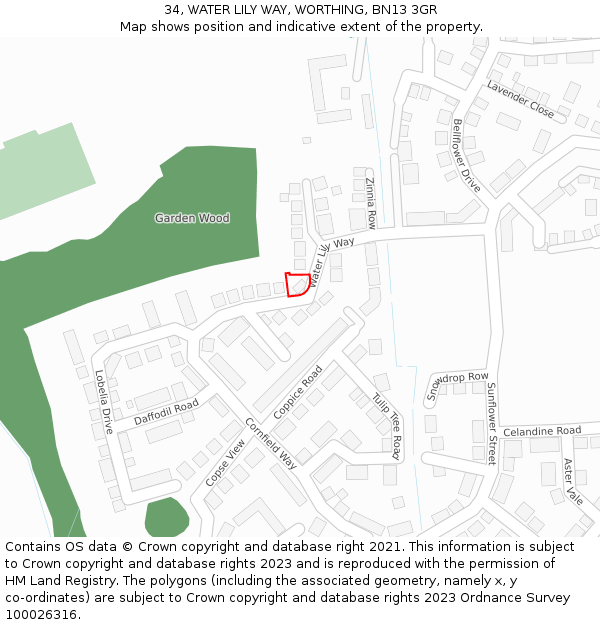 34, WATER LILY WAY, WORTHING, BN13 3GR: Location map and indicative extent of plot