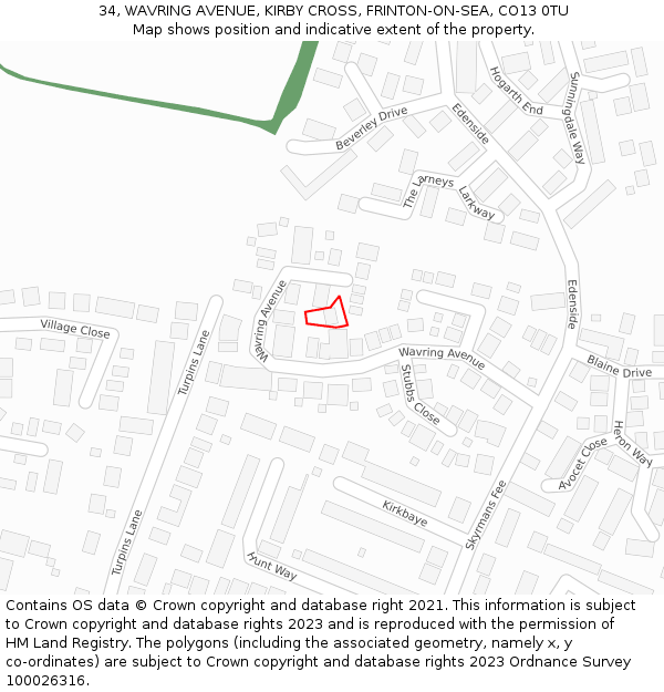 34, WAVRING AVENUE, KIRBY CROSS, FRINTON-ON-SEA, CO13 0TU: Location map and indicative extent of plot