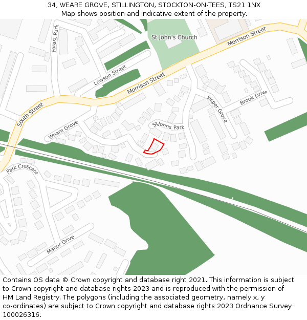 34, WEARE GROVE, STILLINGTON, STOCKTON-ON-TEES, TS21 1NX: Location map and indicative extent of plot