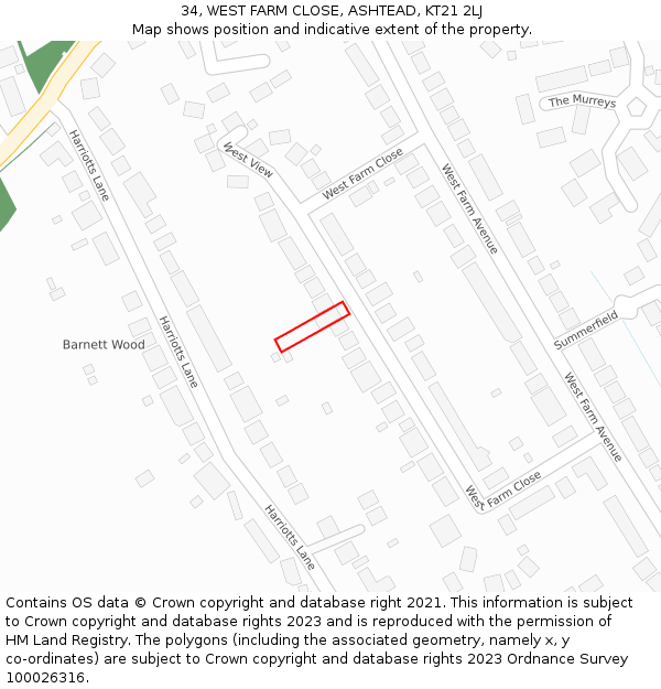 34, WEST FARM CLOSE, ASHTEAD, KT21 2LJ: Location map and indicative extent of plot