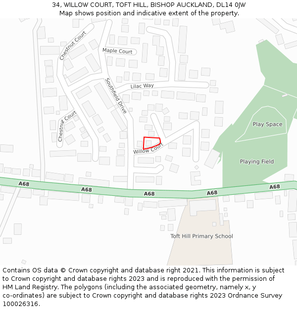 34, WILLOW COURT, TOFT HILL, BISHOP AUCKLAND, DL14 0JW: Location map and indicative extent of plot