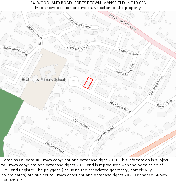 34, WOODLAND ROAD, FOREST TOWN, MANSFIELD, NG19 0EN: Location map and indicative extent of plot