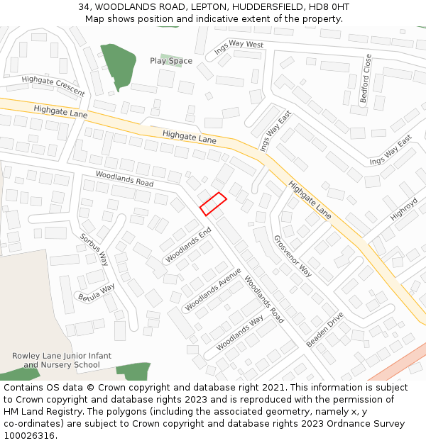 34, WOODLANDS ROAD, LEPTON, HUDDERSFIELD, HD8 0HT: Location map and indicative extent of plot