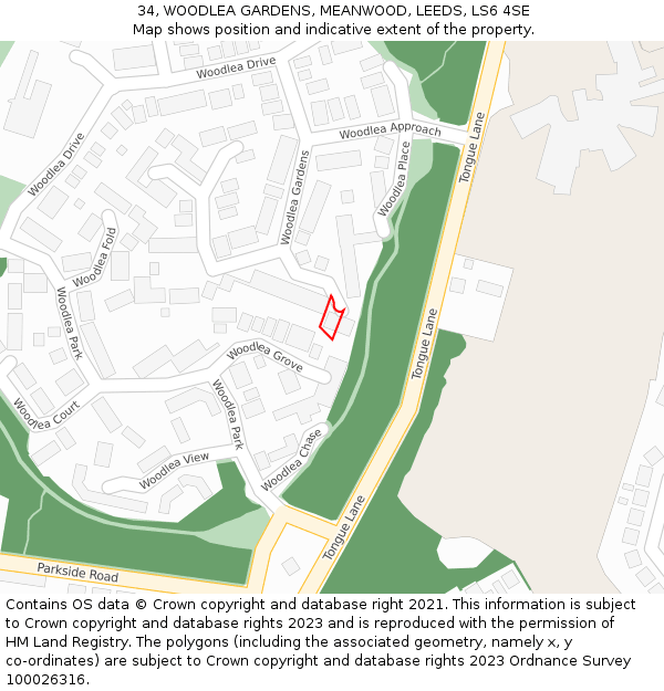 34, WOODLEA GARDENS, MEANWOOD, LEEDS, LS6 4SE: Location map and indicative extent of plot