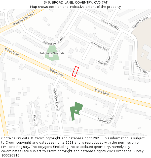 346, BROAD LANE, COVENTRY, CV5 7AT: Location map and indicative extent of plot