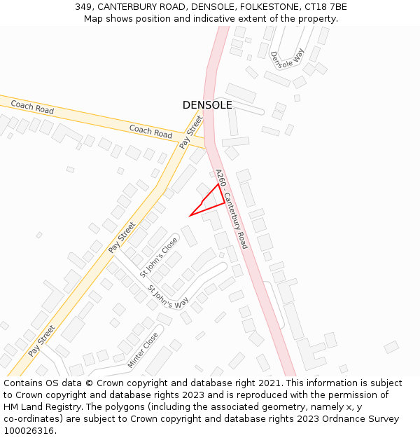 349, CANTERBURY ROAD, DENSOLE, FOLKESTONE, CT18 7BE: Location map and indicative extent of plot