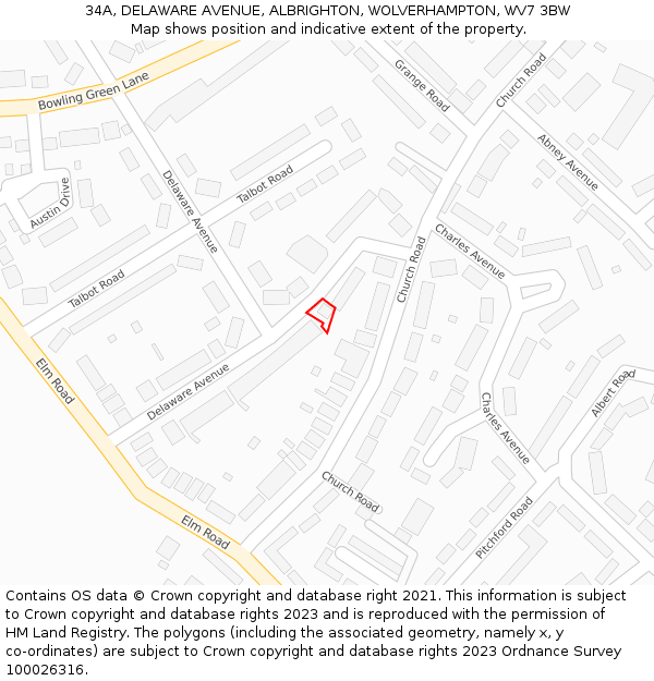 34A, DELAWARE AVENUE, ALBRIGHTON, WOLVERHAMPTON, WV7 3BW: Location map and indicative extent of plot