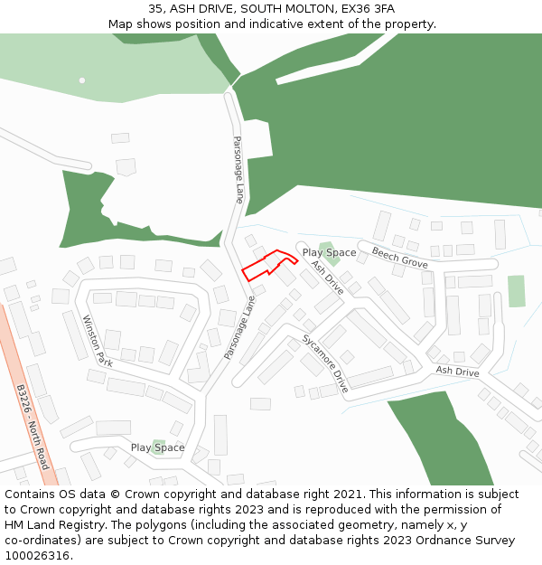 35, ASH DRIVE, SOUTH MOLTON, EX36 3FA: Location map and indicative extent of plot