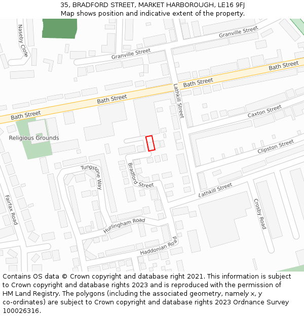 35, BRADFORD STREET, MARKET HARBOROUGH, LE16 9FJ: Location map and indicative extent of plot