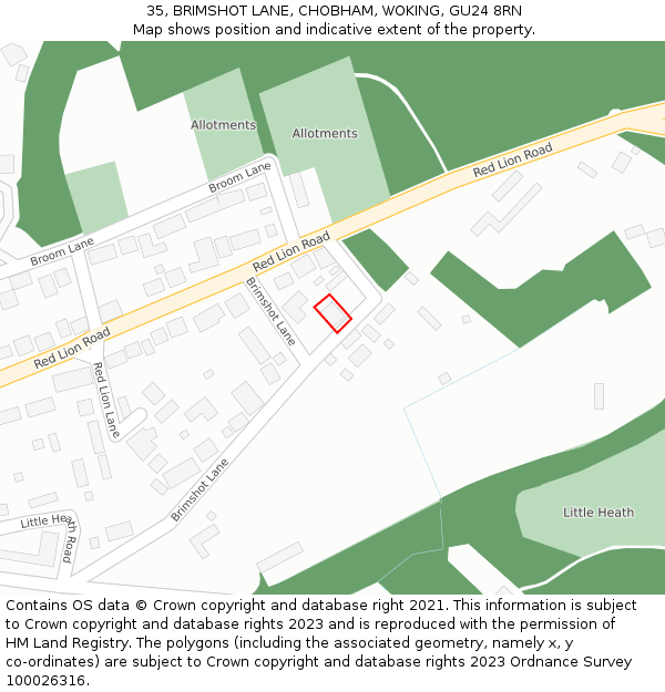 35, BRIMSHOT LANE, CHOBHAM, WOKING, GU24 8RN: Location map and indicative extent of plot