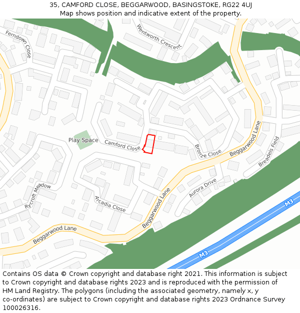 35, CAMFORD CLOSE, BEGGARWOOD, BASINGSTOKE, RG22 4UJ: Location map and indicative extent of plot