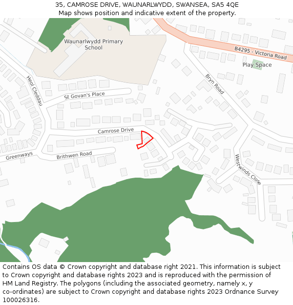 35, CAMROSE DRIVE, WAUNARLWYDD, SWANSEA, SA5 4QE: Location map and indicative extent of plot