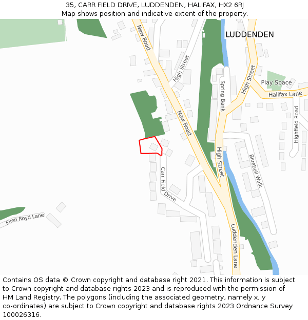 35, CARR FIELD DRIVE, LUDDENDEN, HALIFAX, HX2 6RJ: Location map and indicative extent of plot