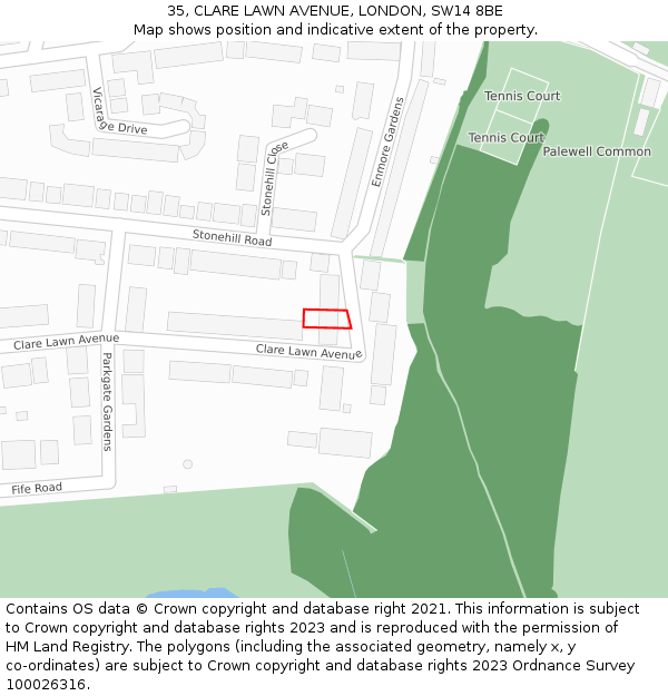 35, CLARE LAWN AVENUE, LONDON, SW14 8BE: Location map and indicative extent of plot