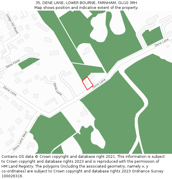 35, DENE LANE, LOWER BOURNE, FARNHAM, GU10 3RH: Location map and indicative extent of plot